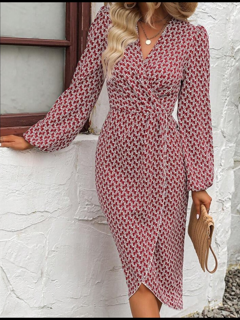 Red Printed Wrap Midi Dress with Long Sleeves